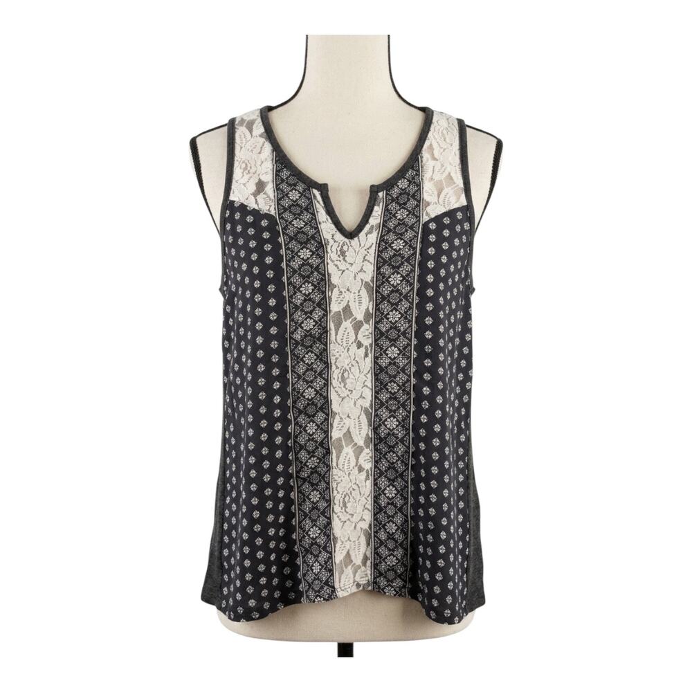 Taylor & Sage Boho Lace Accent Mixed Media Tank Top Black White Size Large